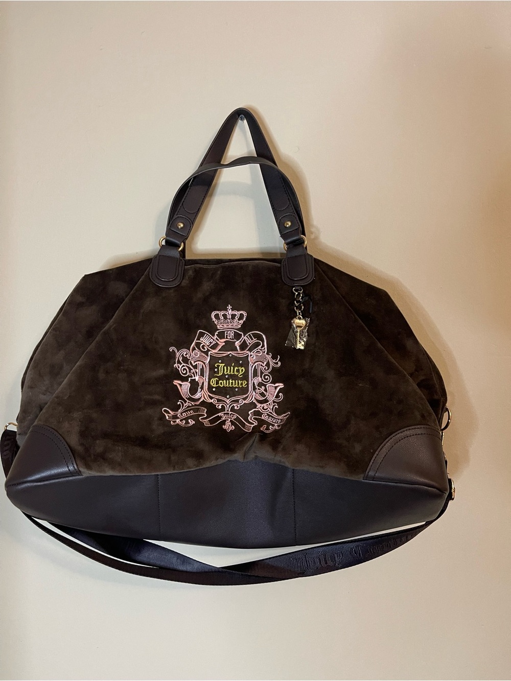 Juicy Couture Brown Suede & Dark Brown Travel Tote with Pink Crest